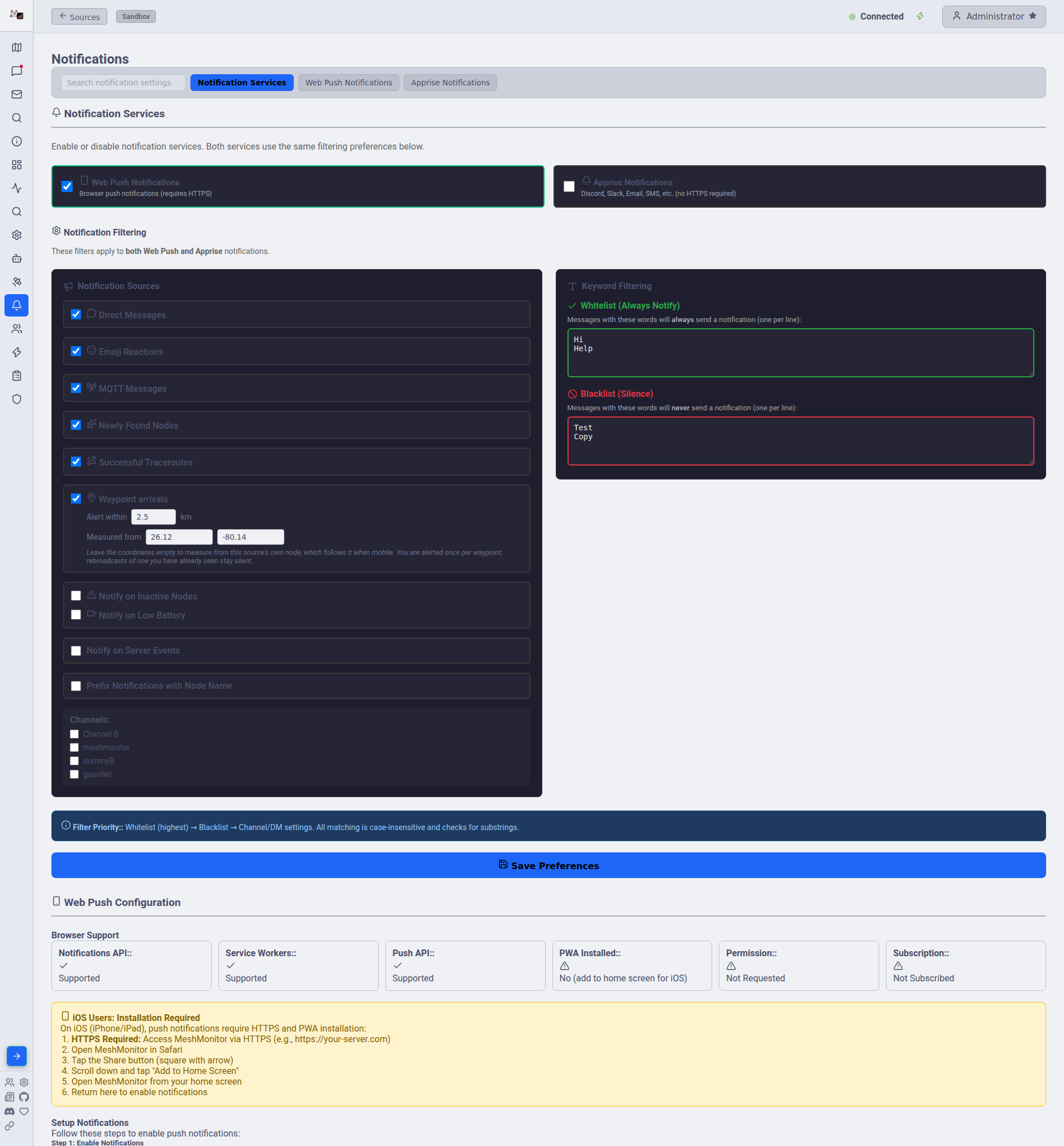 Waypoint arrival settings on a source's Notifications tab