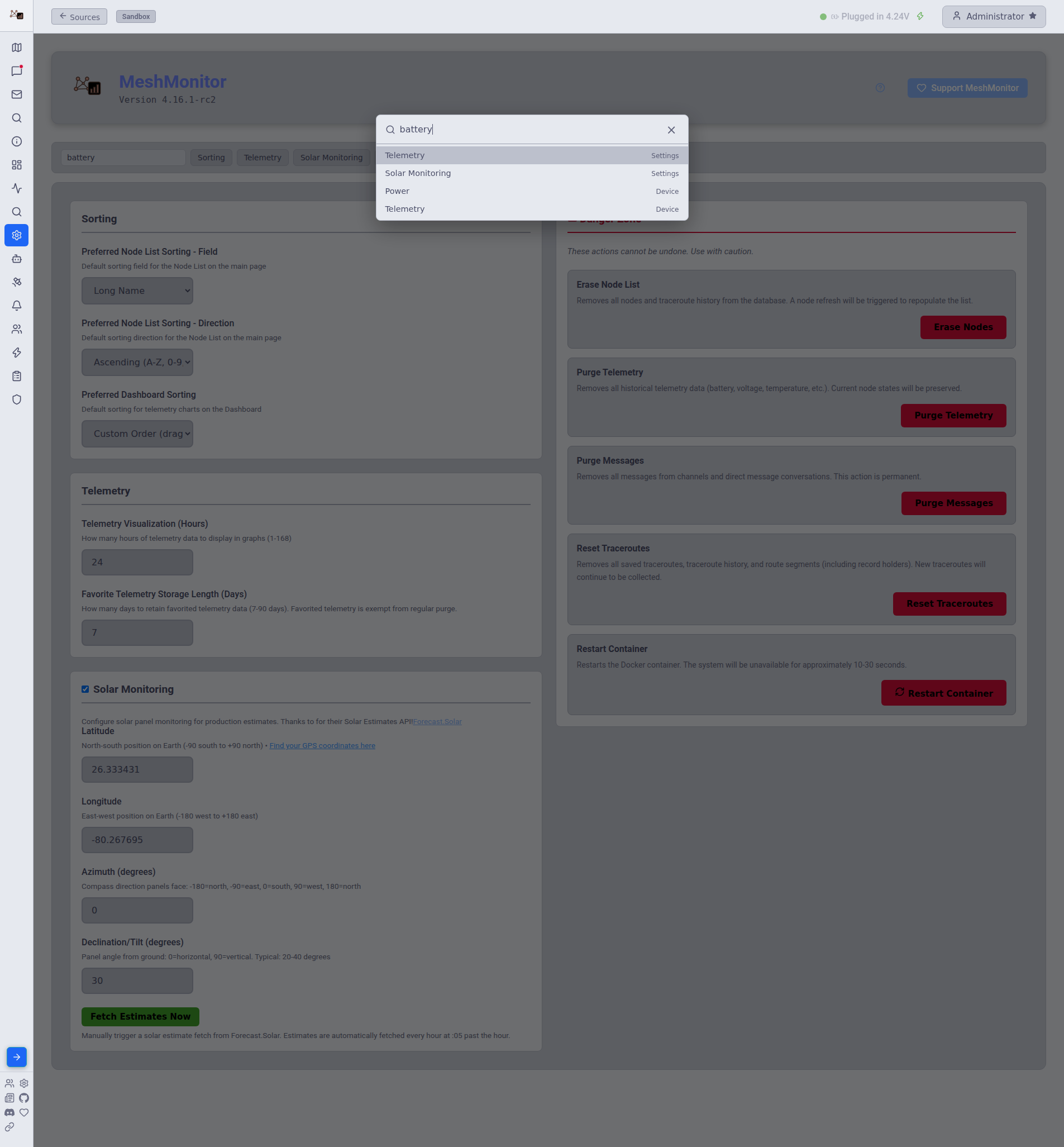 The configuration palette showing results from several pages