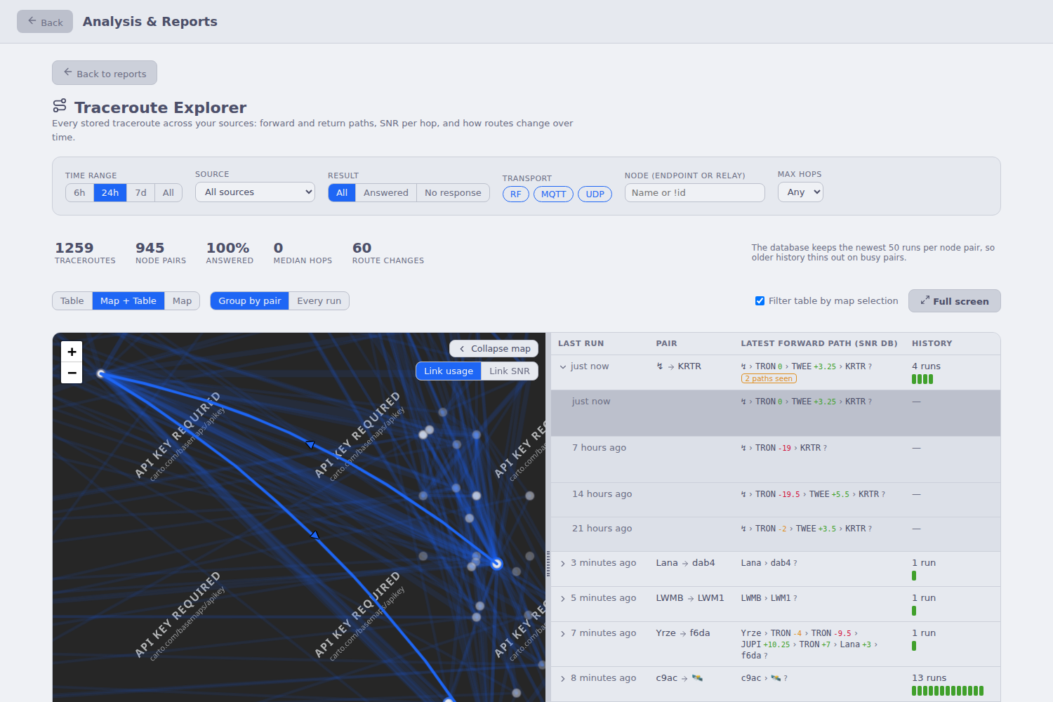 Traceroute Explorer in Map + Table layout, with one run selected