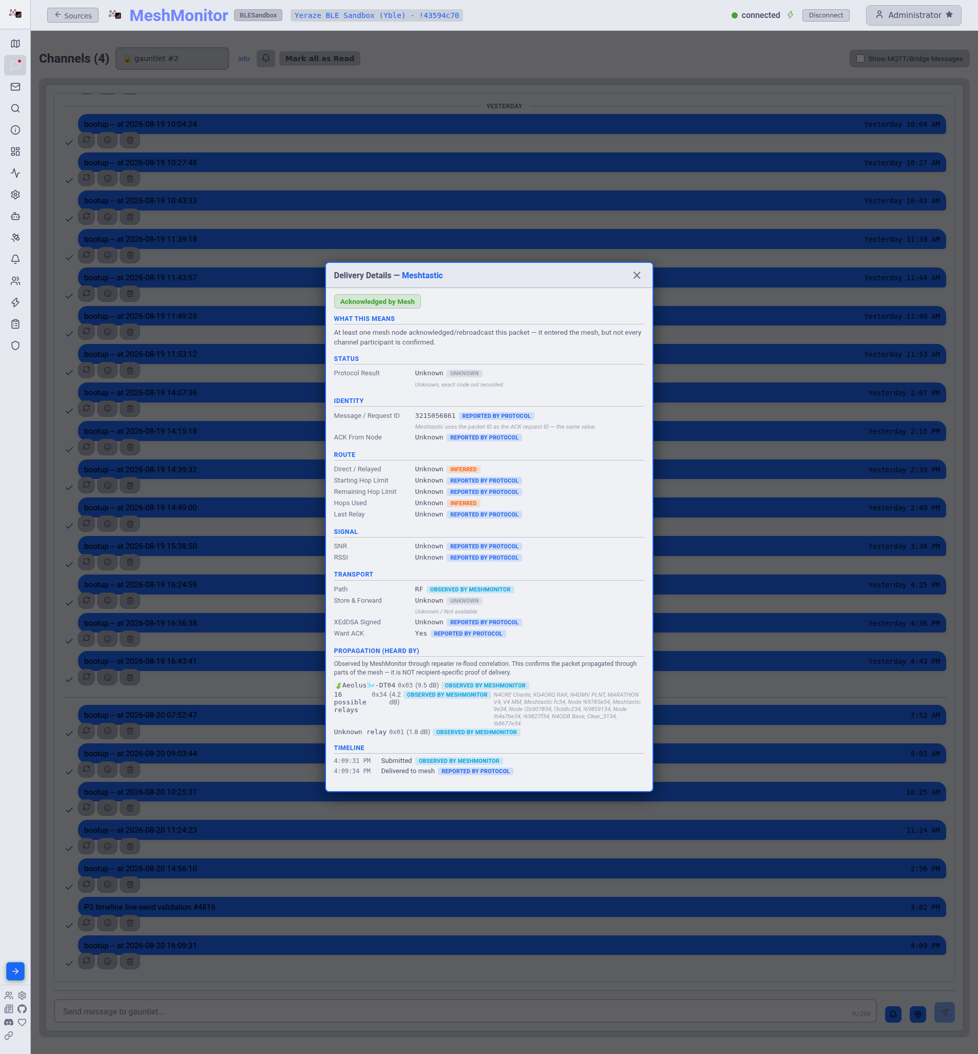 Delivery Details Propagation (Heard By) section showing single-match, multi-match, and unknown relay rows