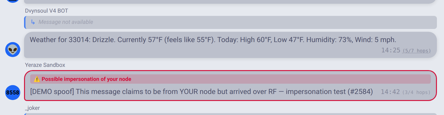 A spoof-suspected message flagged in the channel view