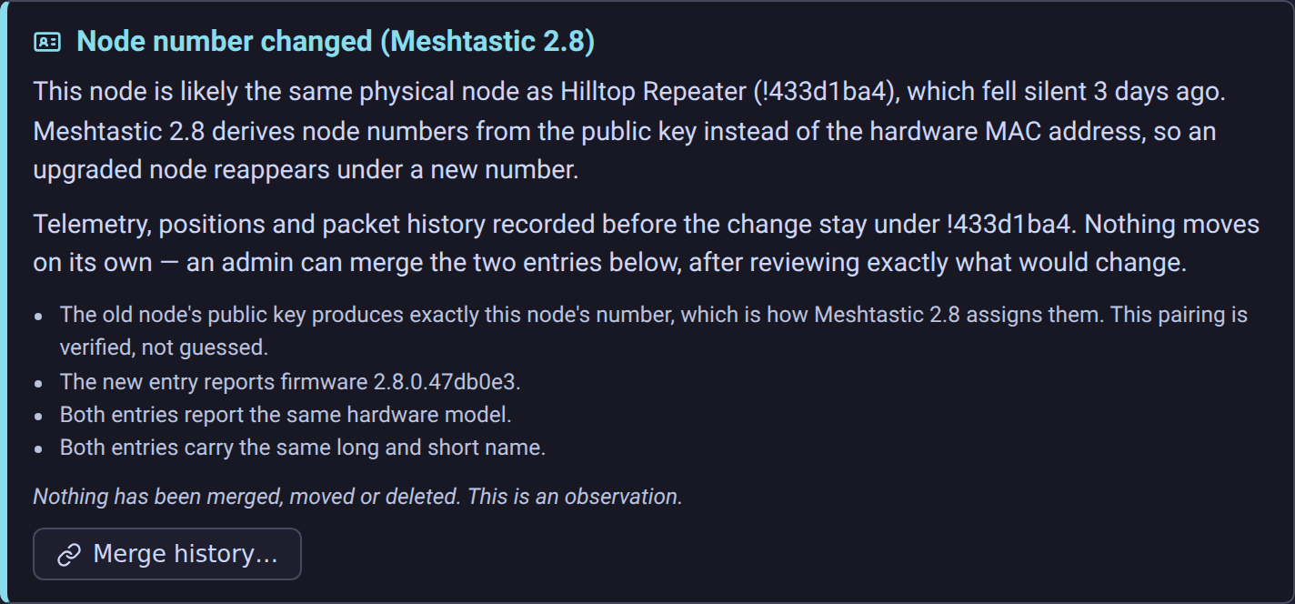 The identity-change notice with the admin-only merge button