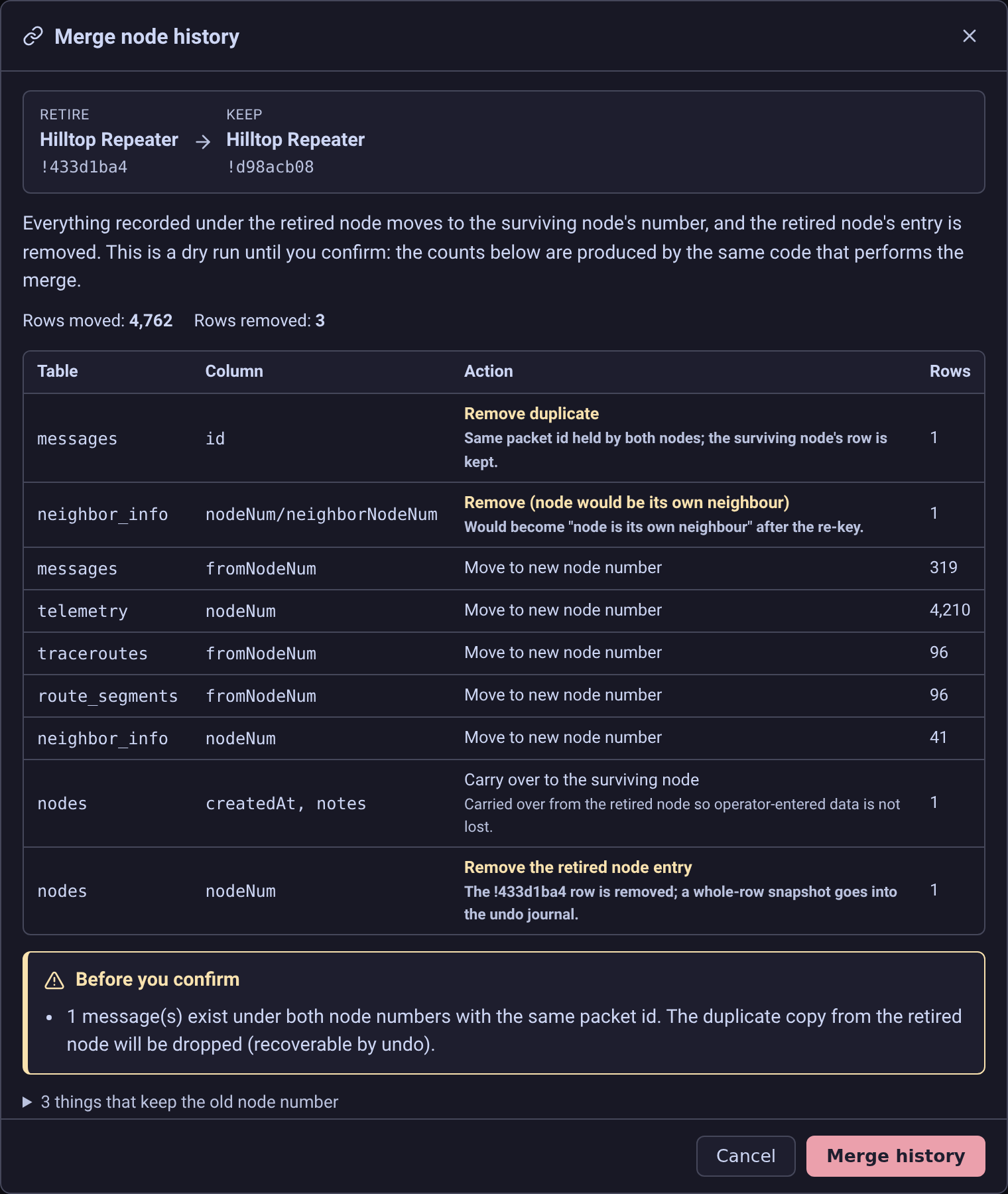 The merge dry-run preview, listing per-table row counts