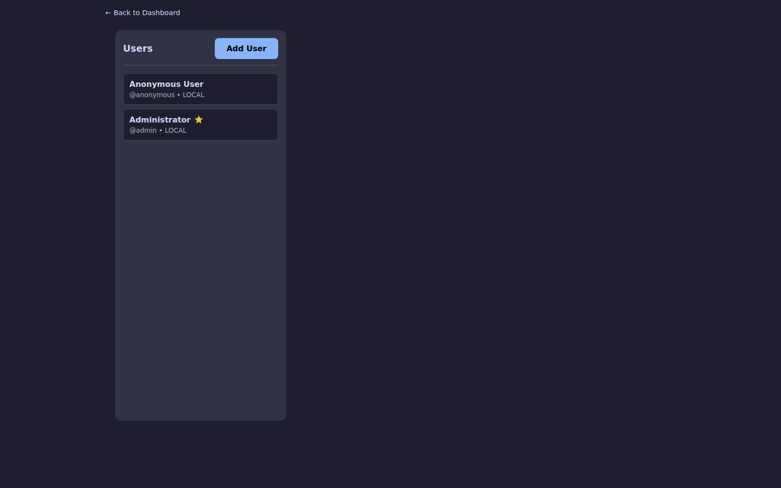 Users list page showing accounts and roles